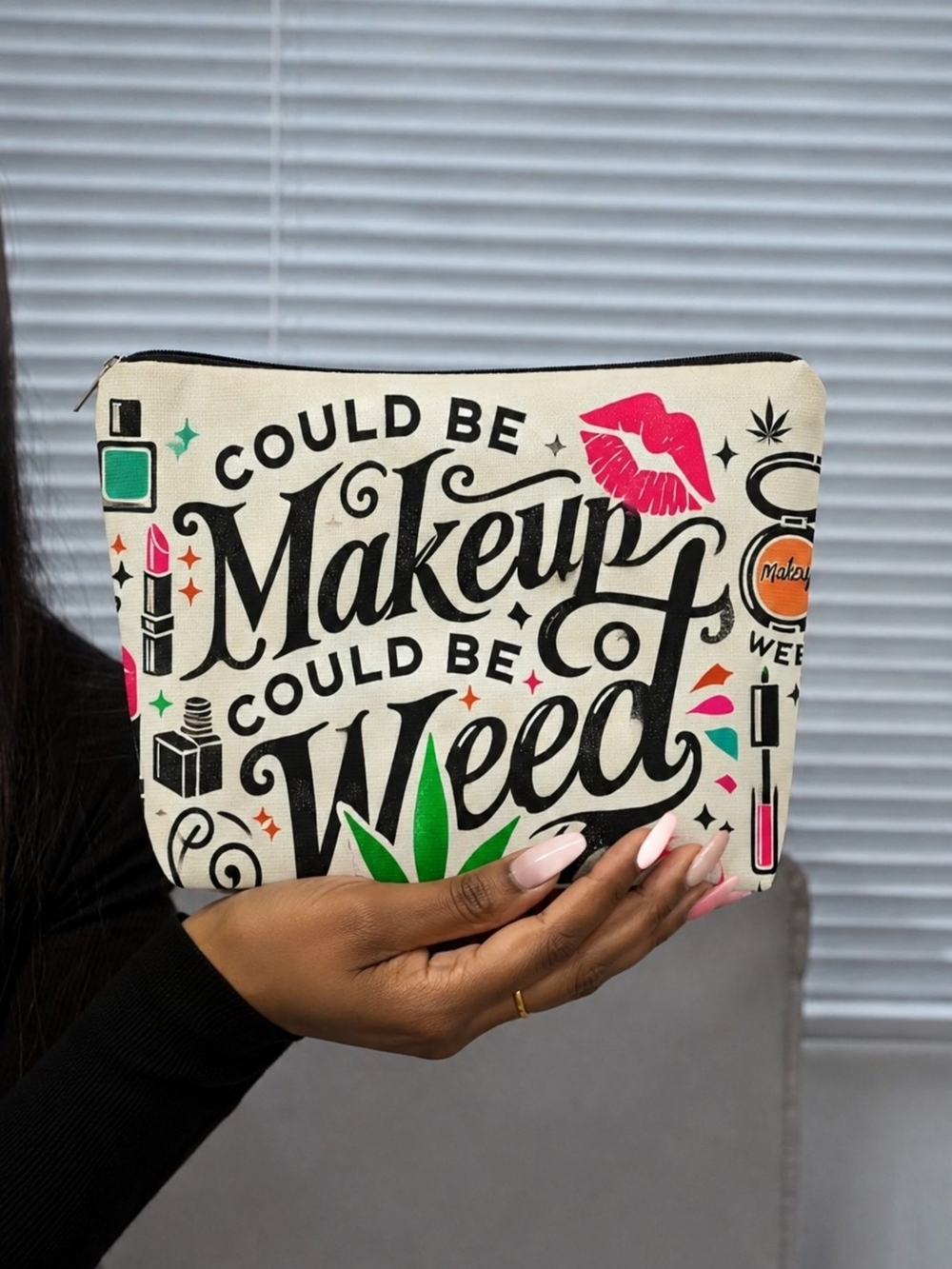 Canvas Cosmetic Pouch - Black & Cream Could Be Makeup Could Be Weed - Picture 1 of 6